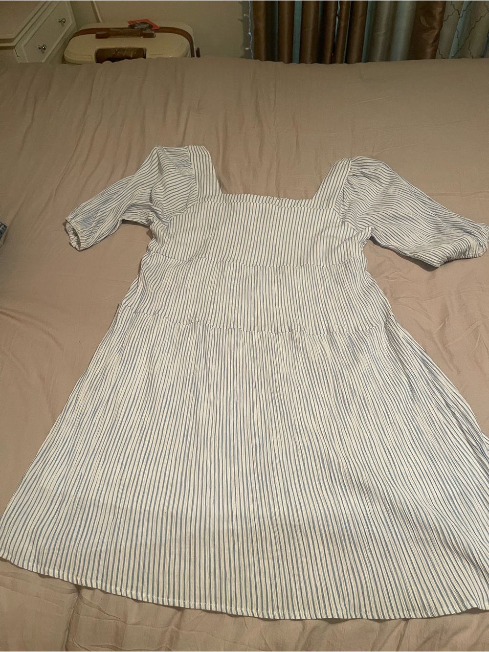 Square Neck Striped Puff Sleeve Dress - White & pastel blue